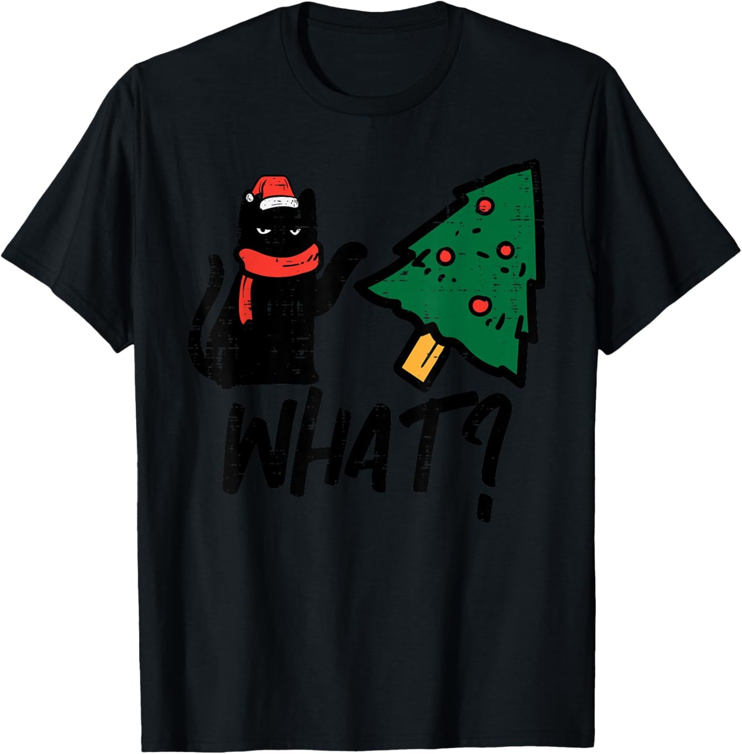 Black Cat Tipping Christmas Tree What Funny Men Women Kids T-Shirt - T-Shirt | Black