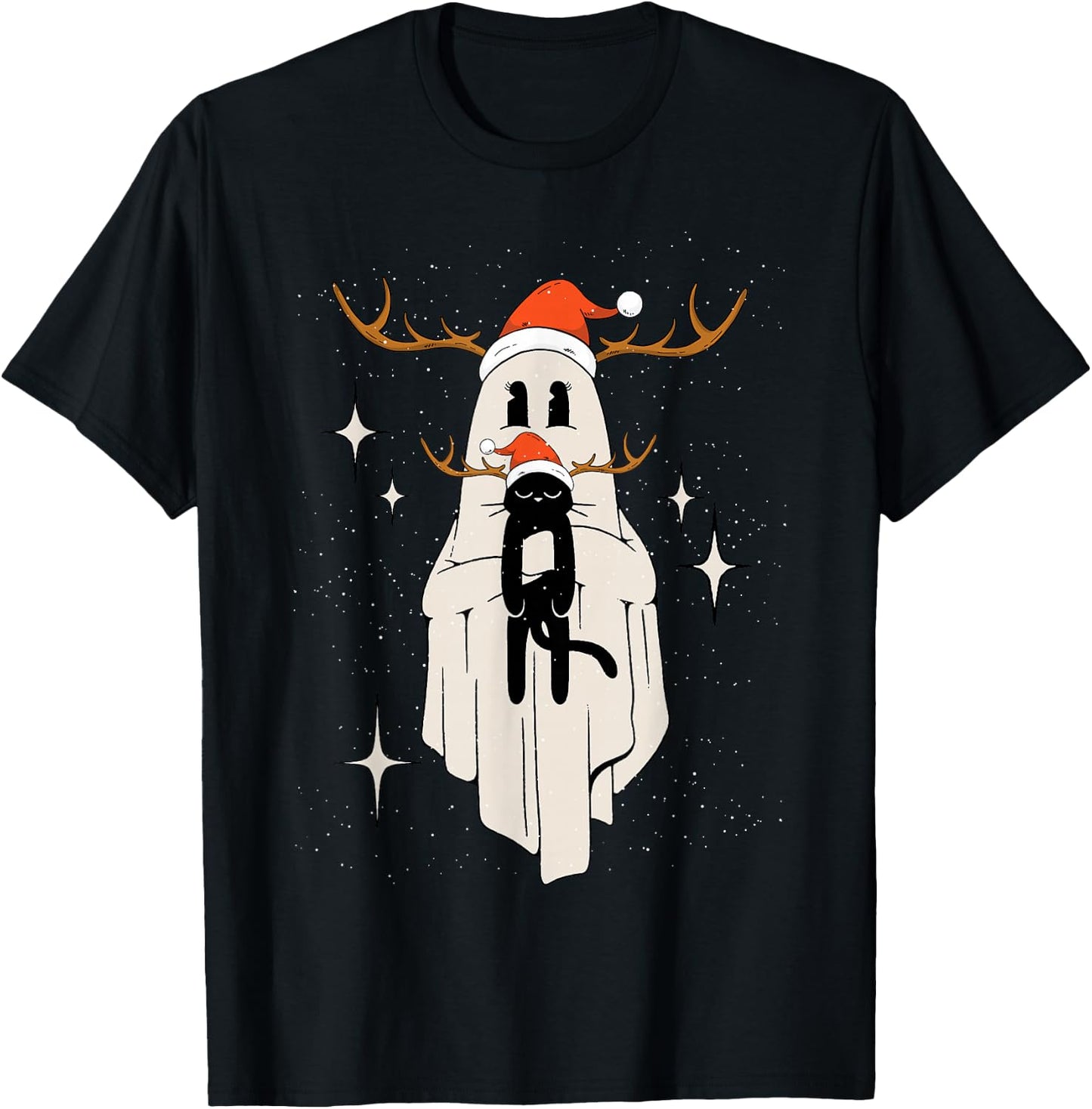 Cute Ghost with Santa Hat holding Black Cat - Kids Women Men T-Shirt - T-Shirt | Black