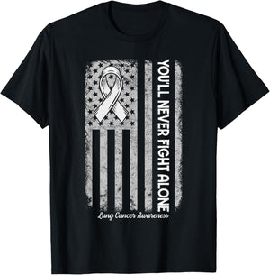 You'll Never fight Alone Flag White Lung Cancer Awareness T-Shirt - T-Shirt | Black