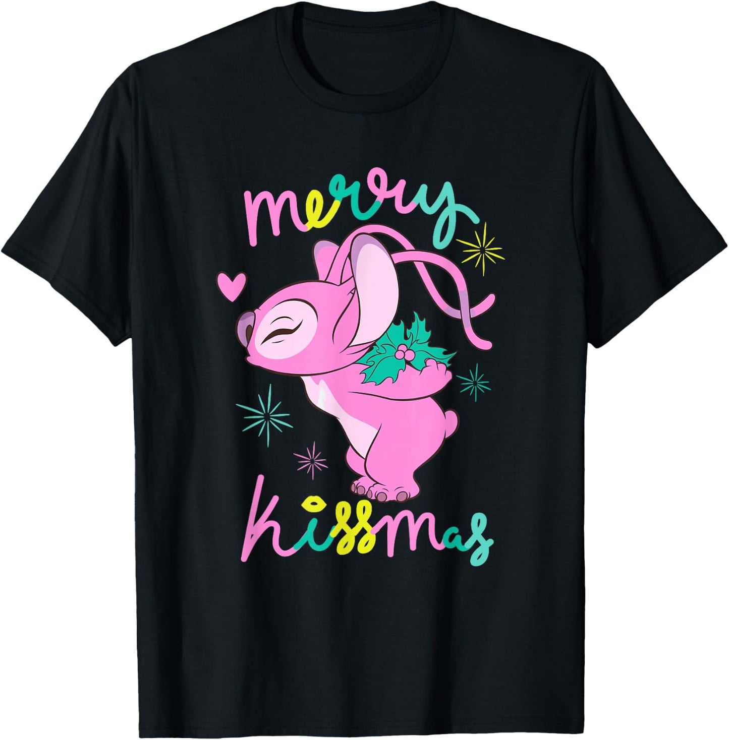 Disney Lilo & Stitch Christmas Angel Merry Kissmas Mistletoe T-Shirt - T-Shirt | Black