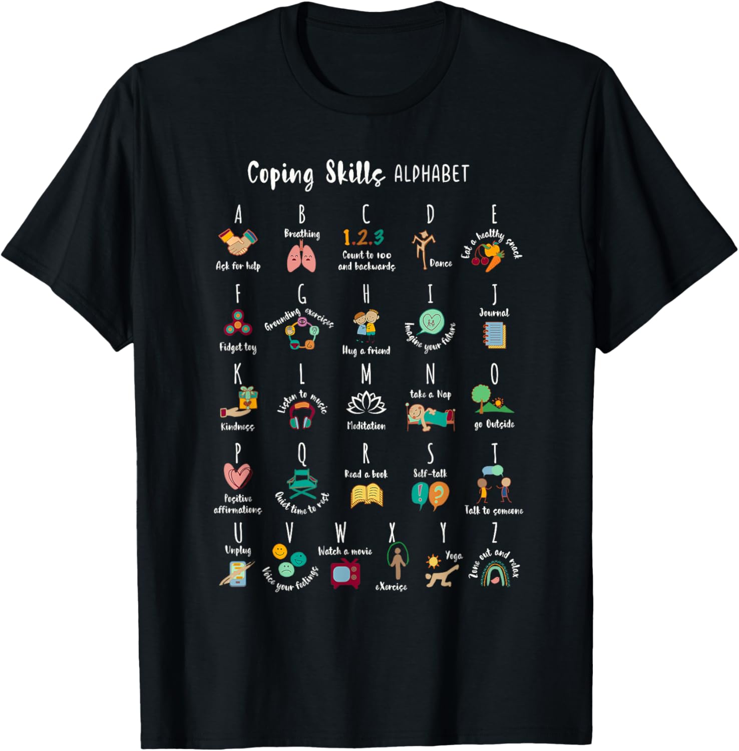 ABC Coping Skills Alphabet Self Care Mental Health Awareness T-Shirt - T-Shirt | Black