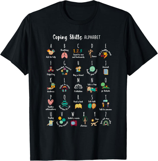 ABC Coping Skills Alphabet Self Care Mental Health Awareness T-Shirt - T-Shirt | Black
