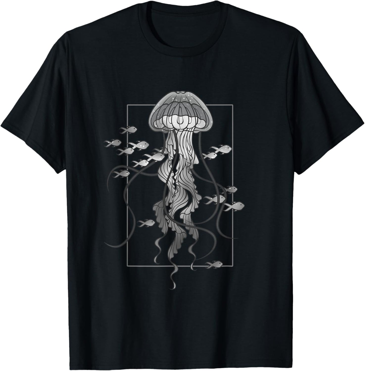 Jellyfish with Fishes Graphic in Sea T-Shirt - T-Shirt | Black