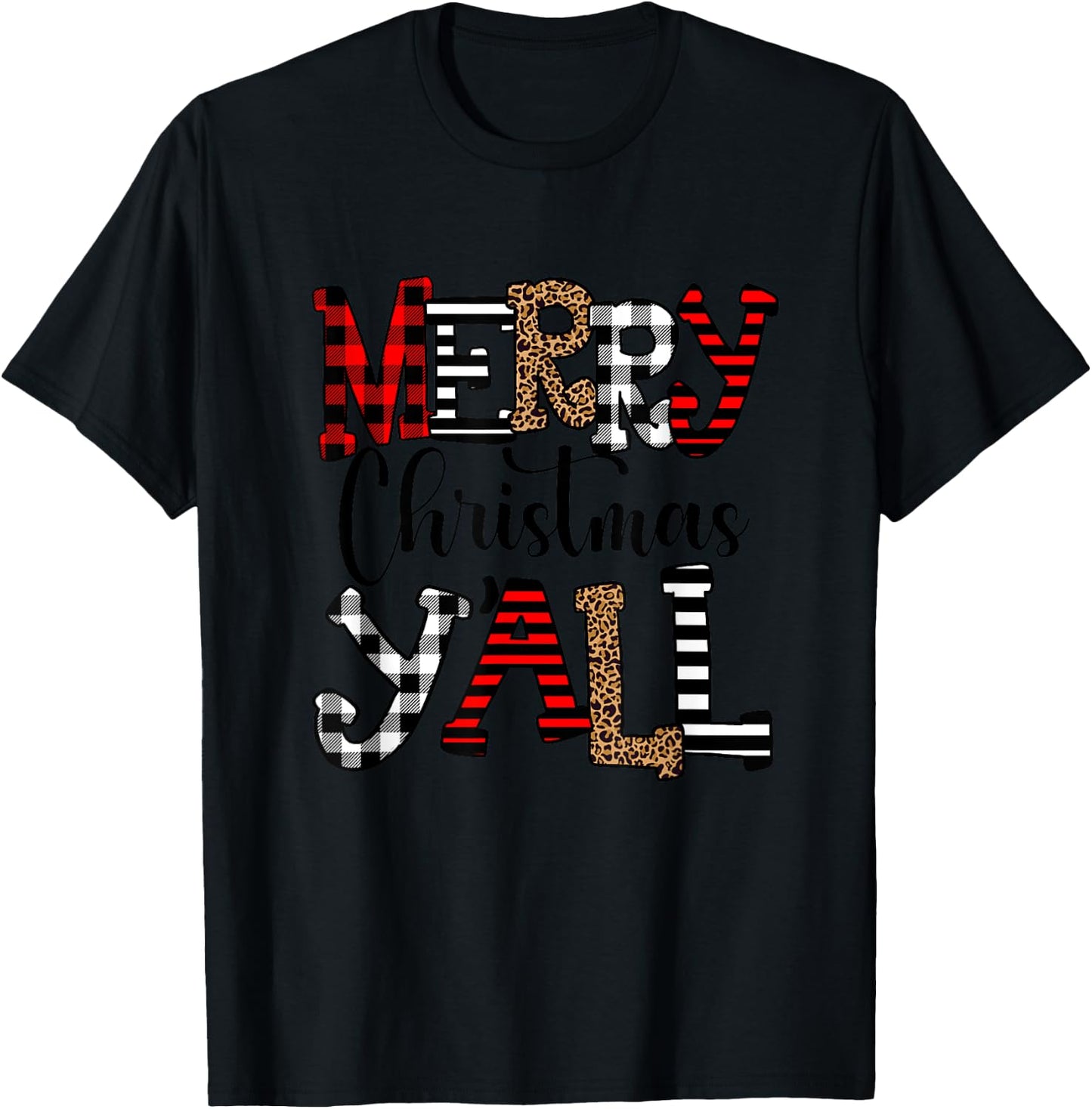Western Country Merry Christmas Ya'll Leopard Buffalo Plaid T-Shirt - T-Shirt | Black