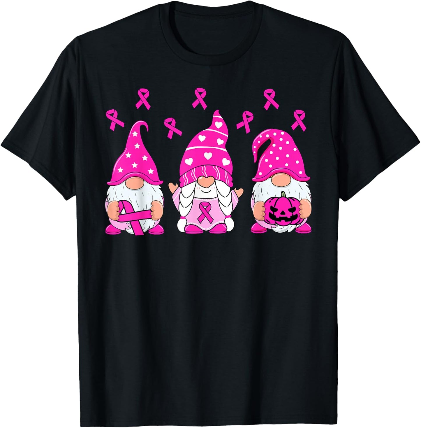 Breast Cancer Awareness Gnome Pumpkin Pink Ribbon Women Kids T-Shirt - T-Shirt | Black