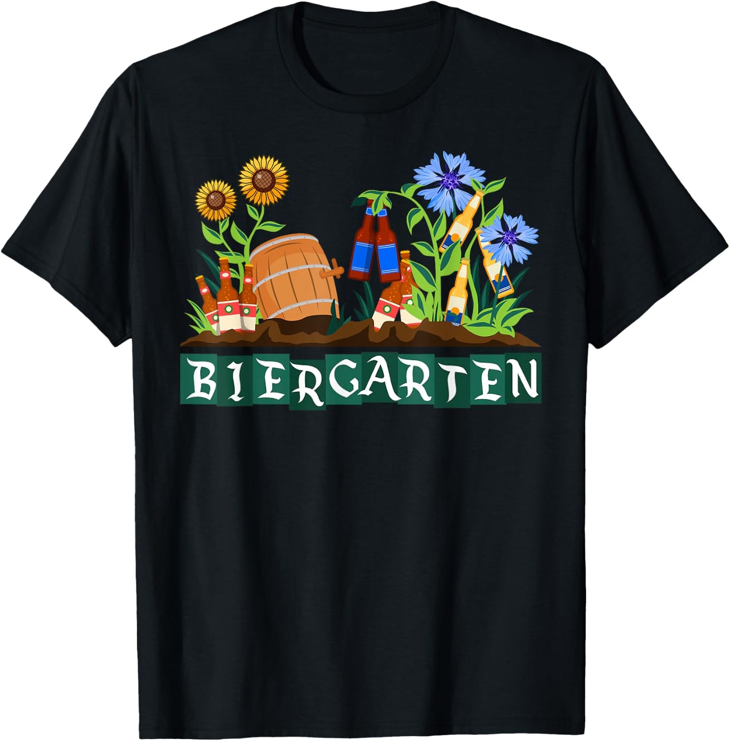 Retro Biergarten Sunflowers Cornflowers Octoberfest T-Shirt - T-Shirt | Black