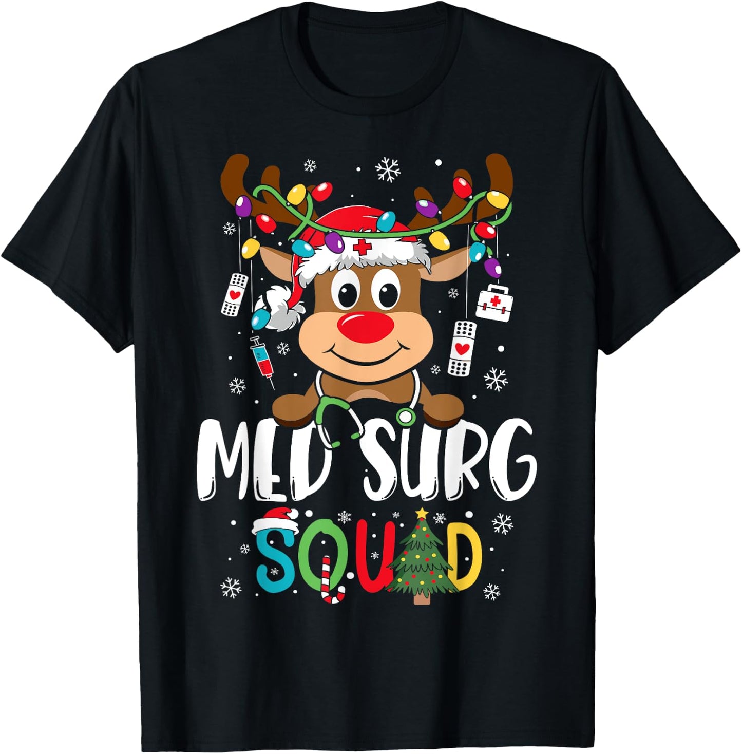 Med Surg Squad Reindeer Stethoscope Nurse Christmas T-Shirt - T-Shirt | Black