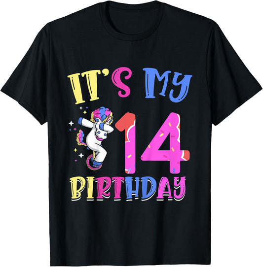 Kids It's My 14 Birthday Dabbing Unicorn Pony 14th Birthday T-Shirt - T-Shirt | Black