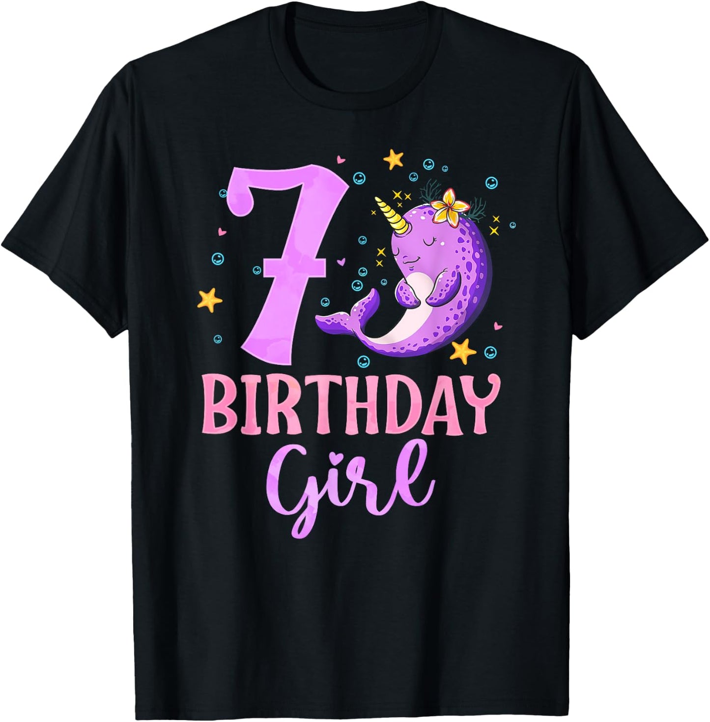 Narwhal Unicorn Of The Sea 7th Birthday Girl 7 Year Old T-Shirt - T-Shirt | Black