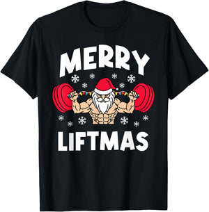 Funny Merry Liftmas Weightlifters Christmas Gym Workout T-Shirt - T-Shirt | Black