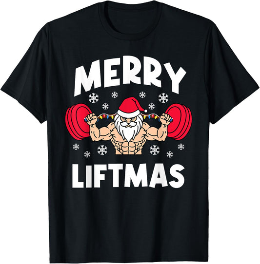 Funny Merry Liftmas Weightlifters Christmas Gym Workout T-Shirt - T-Shirt | Black