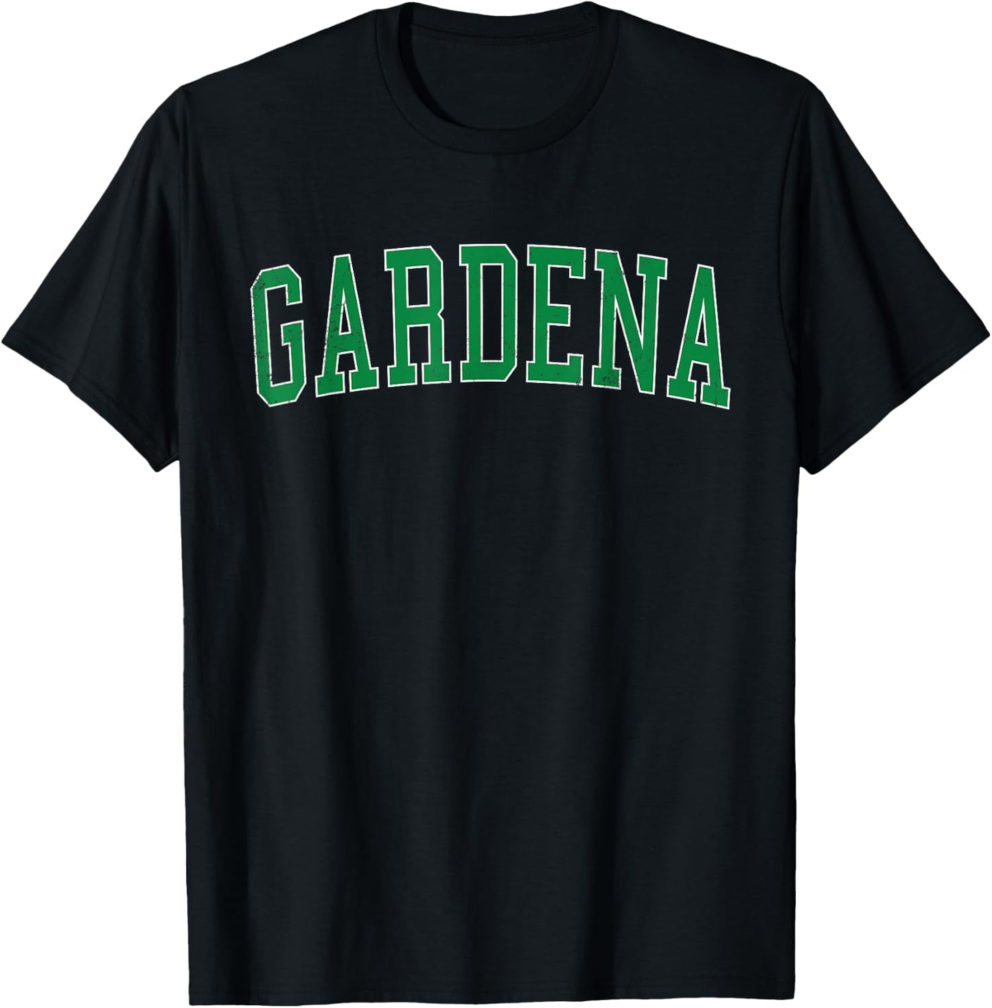 Vintage Gardena CA Distressed Green Varsity Style T-Shirt - T-Shirt | Black