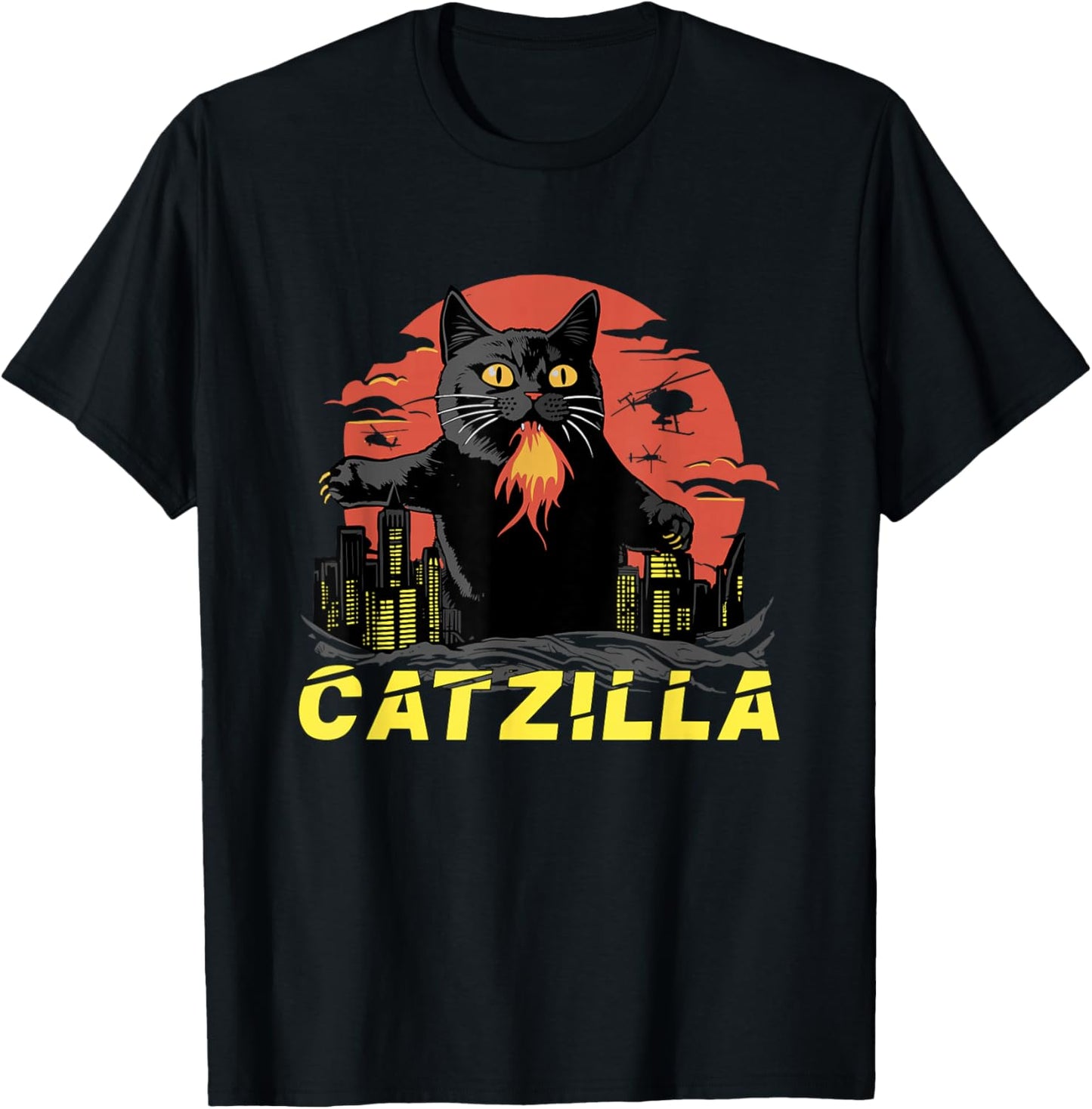 Japanese Cat Sunset Catzilla T-Shirt - T-Shirt | Black