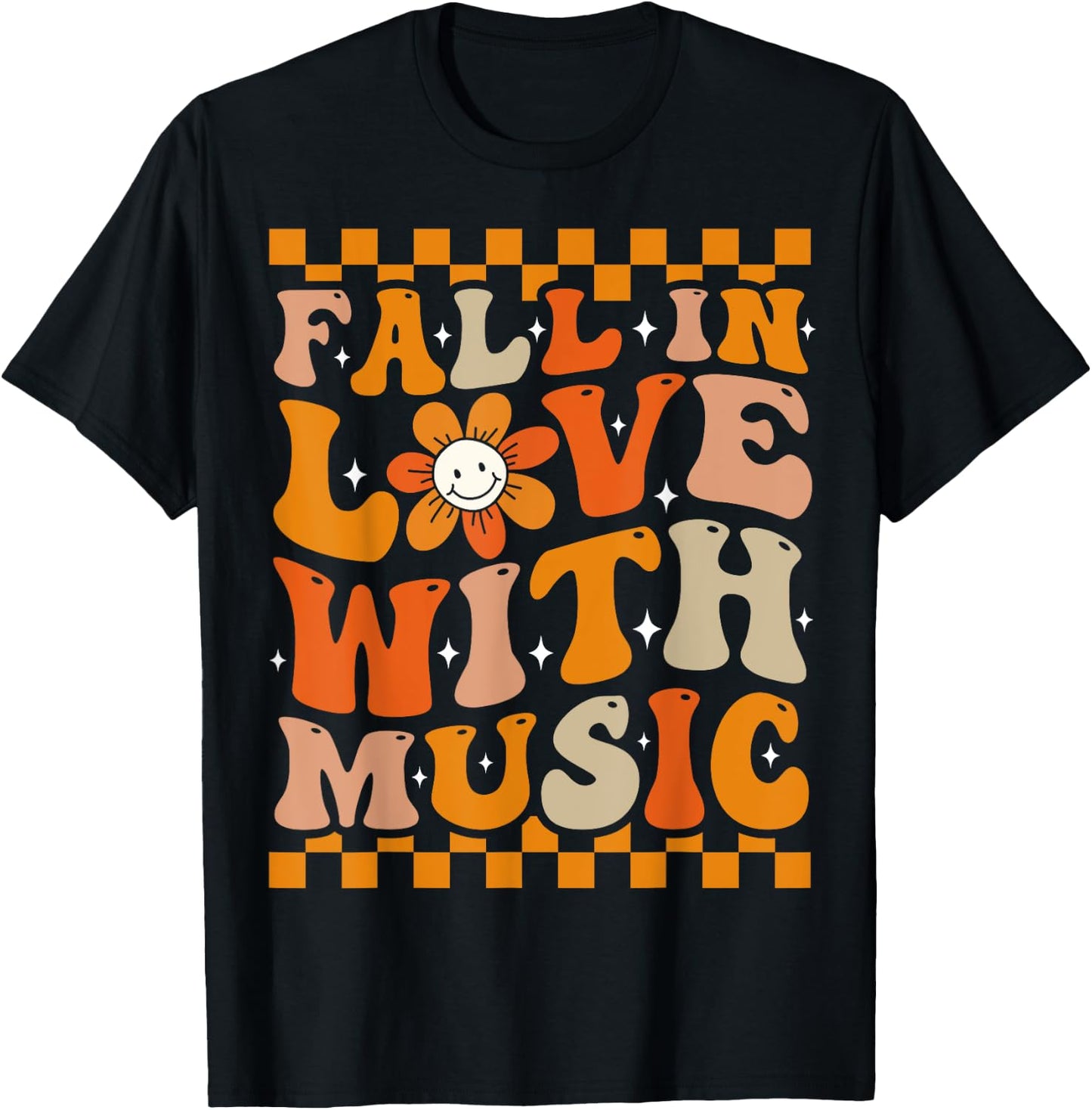 Fall In Love With Music Groovy Thanksgiving Music Teacher Men Women Girls Kids T-Shirt - T-Shirt | Black