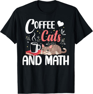 I Love Math Cats And Coffee Heart Mathematics Teacher T-Shirt - T-Shirt | Black