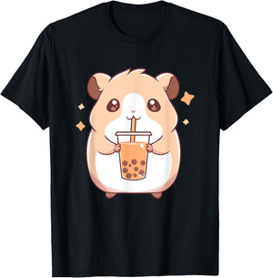 Kawaii Cute Hamster Drinking Boba Bubble Milk Tea T-Shirt - T-Shirt | Black