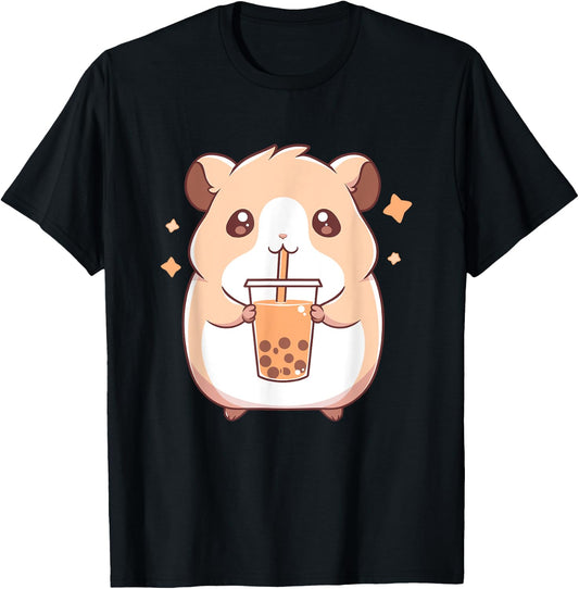 Kawaii Cute Hamster Drinking Boba Bubble Milk Tea T-Shirt - T-Shirt | Black