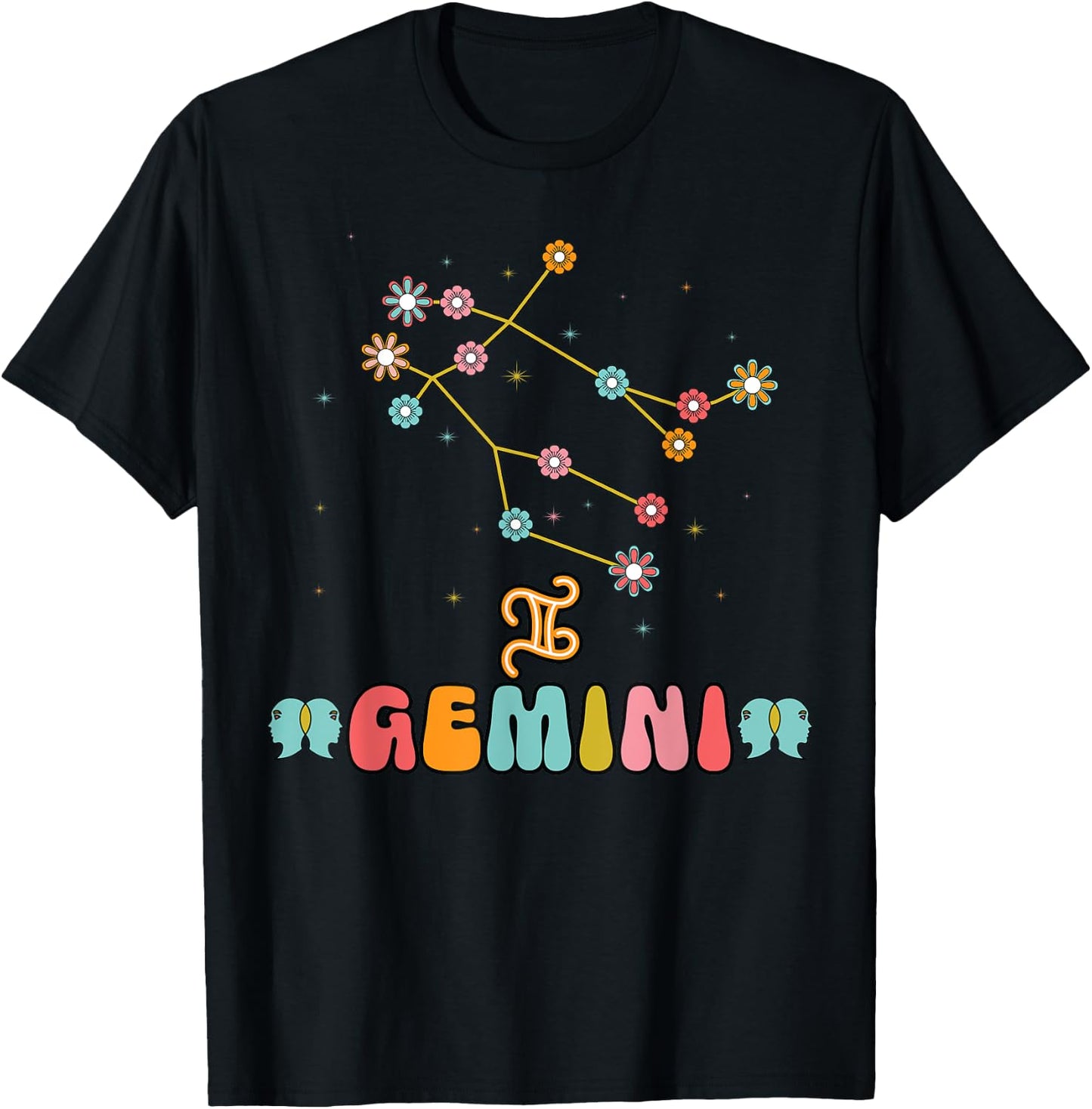 Gemini Constellation Zodiac May June Birthday Retro Floral T-Shirt - T-Shirt | Black