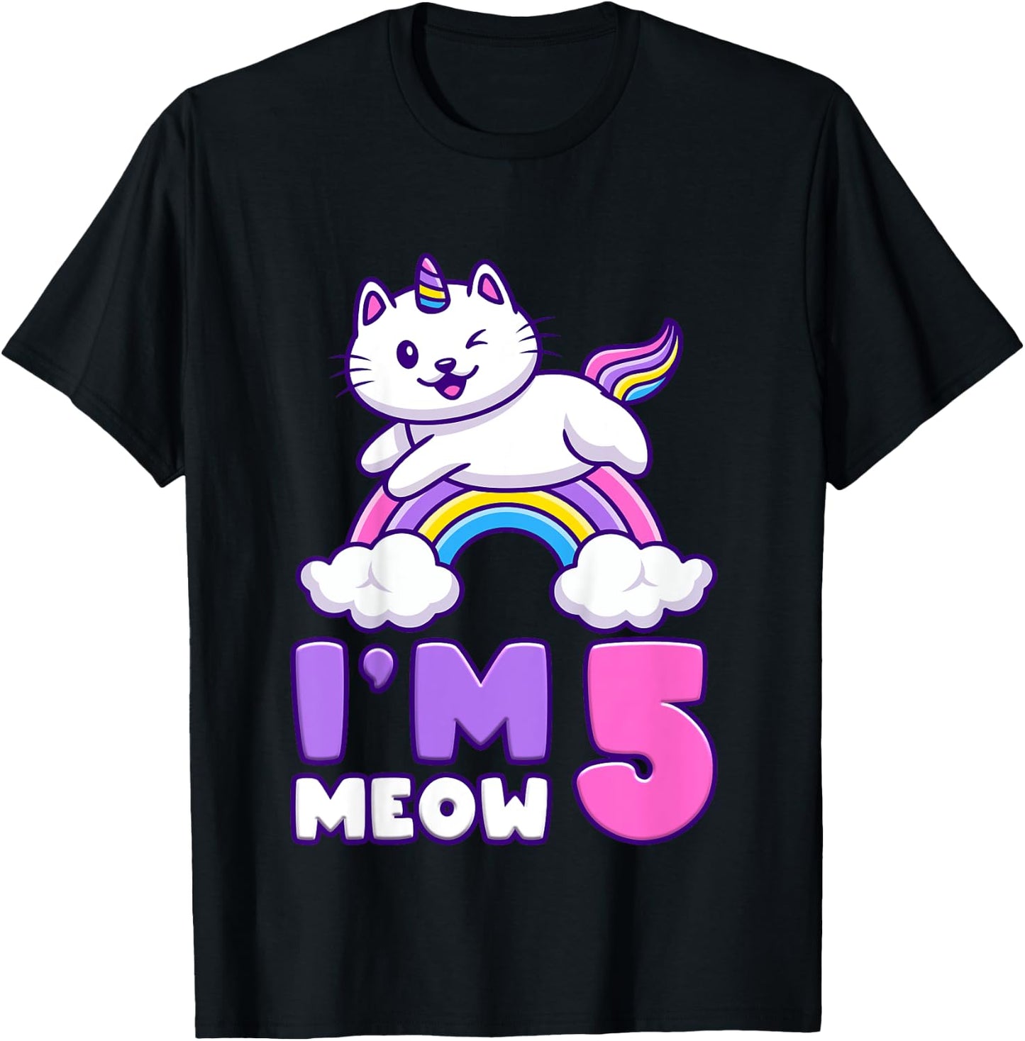 Birthday girl 5 years old, cat, unicorn, 5th birthday T-Shirt - T-Shirt | Black