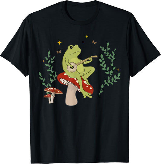 Cottagecore Aesthetic Cute Frog Playing Banjo on Mushroom T-Shirt - T-Shirt | Black