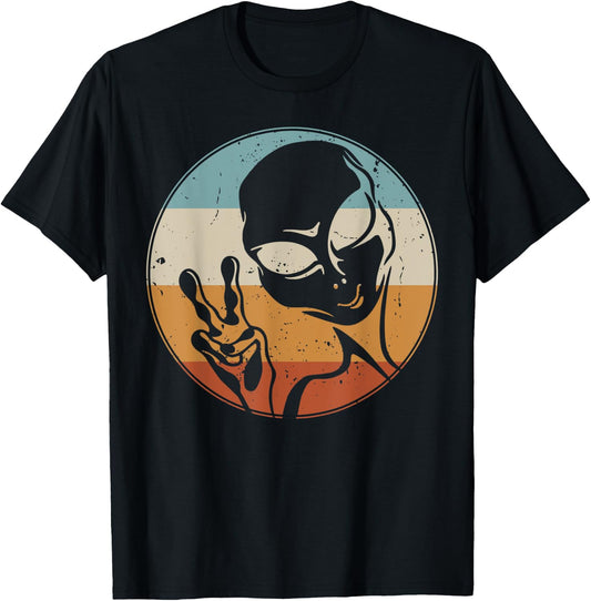Retro Vintage Alien Peace Hand UFO Space Lovers T-Shirt - T-Shirt | Black