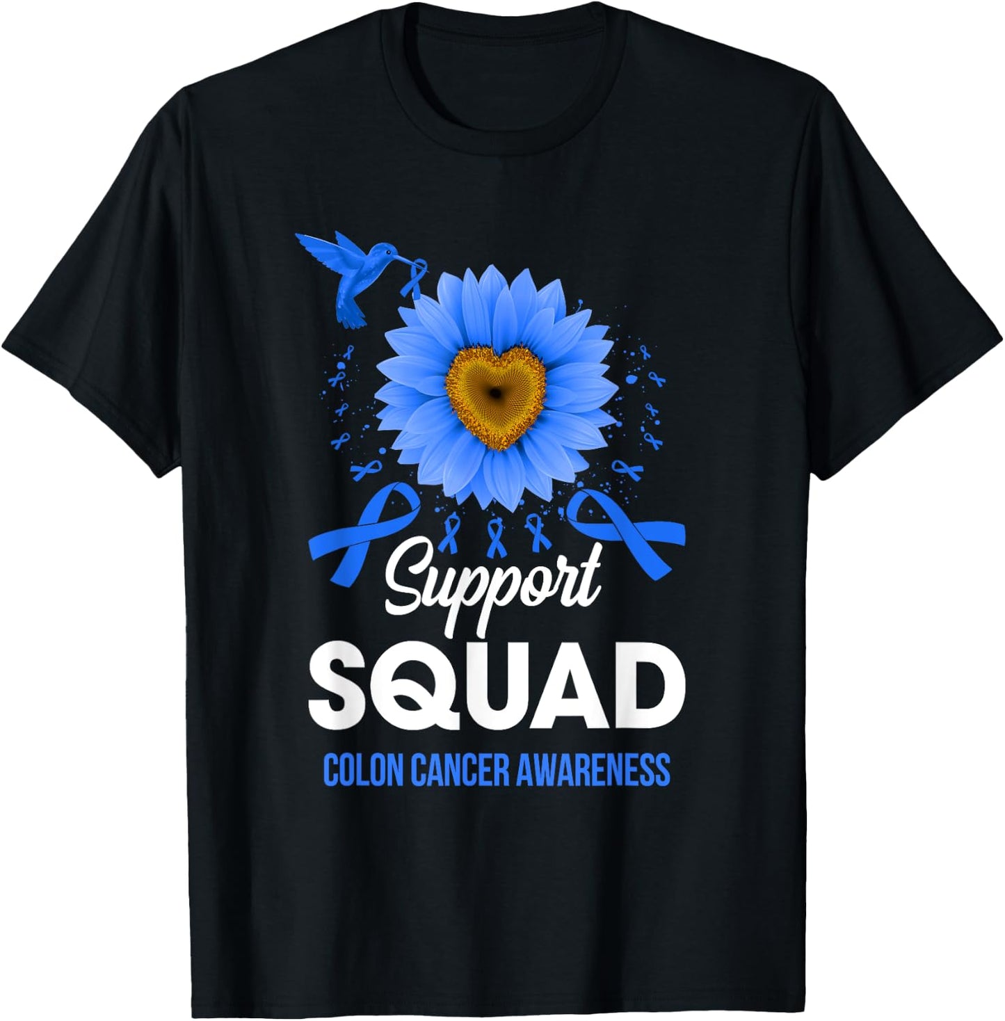 Support Squad Colon Cancer Awareness Sunflower Hummingbird T-Shirt - T-Shirt | Black