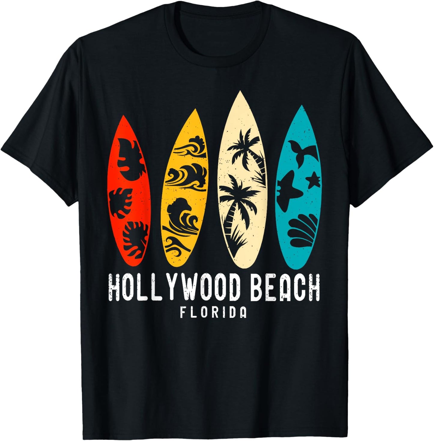 Vintage Hollywood Beach Florida Beach Surfing Surfboard T-Shirt - T-Shirt | Black