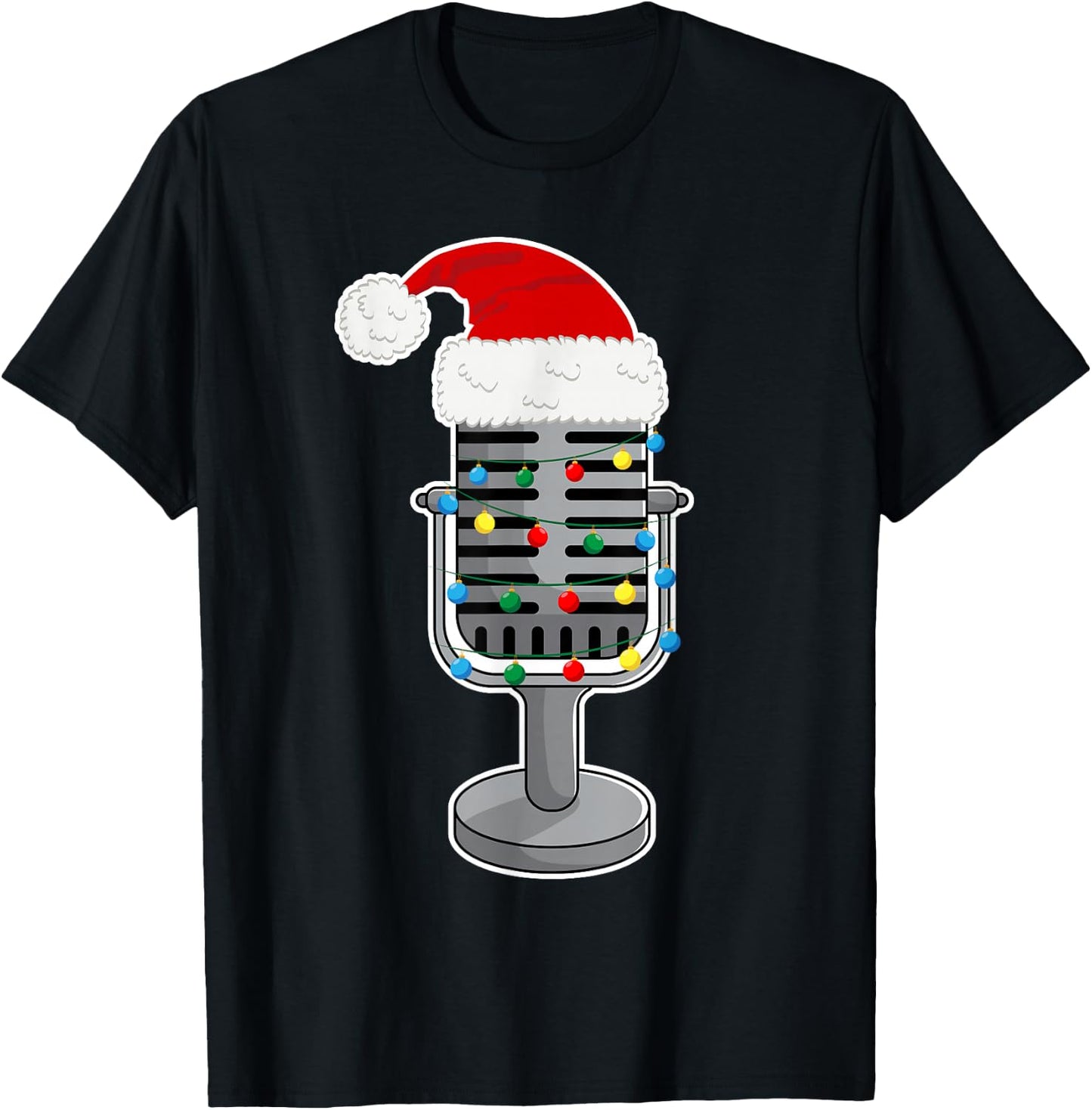 Christmas Lights Podcast Mic Wearing Xmas Hat Podcaster T-Shirt - T-Shirt | Black