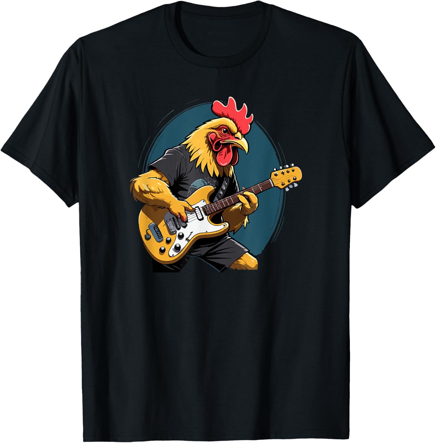 Music Lovers Chicken playing Guitar Chicken Guitarist Black Cartoon T-Shirt - T-Shirt | Black