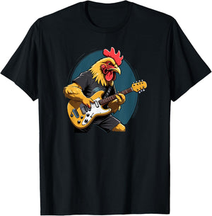 Music Lovers Chicken playing Guitar Chicken Guitarist Black Cartoon T-Shirt - T-Shirt | Black