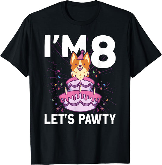 I'm 8 bday Dog party Kids 8th Birthday Corgi Dog T-Shirt - T-Shirt | Black