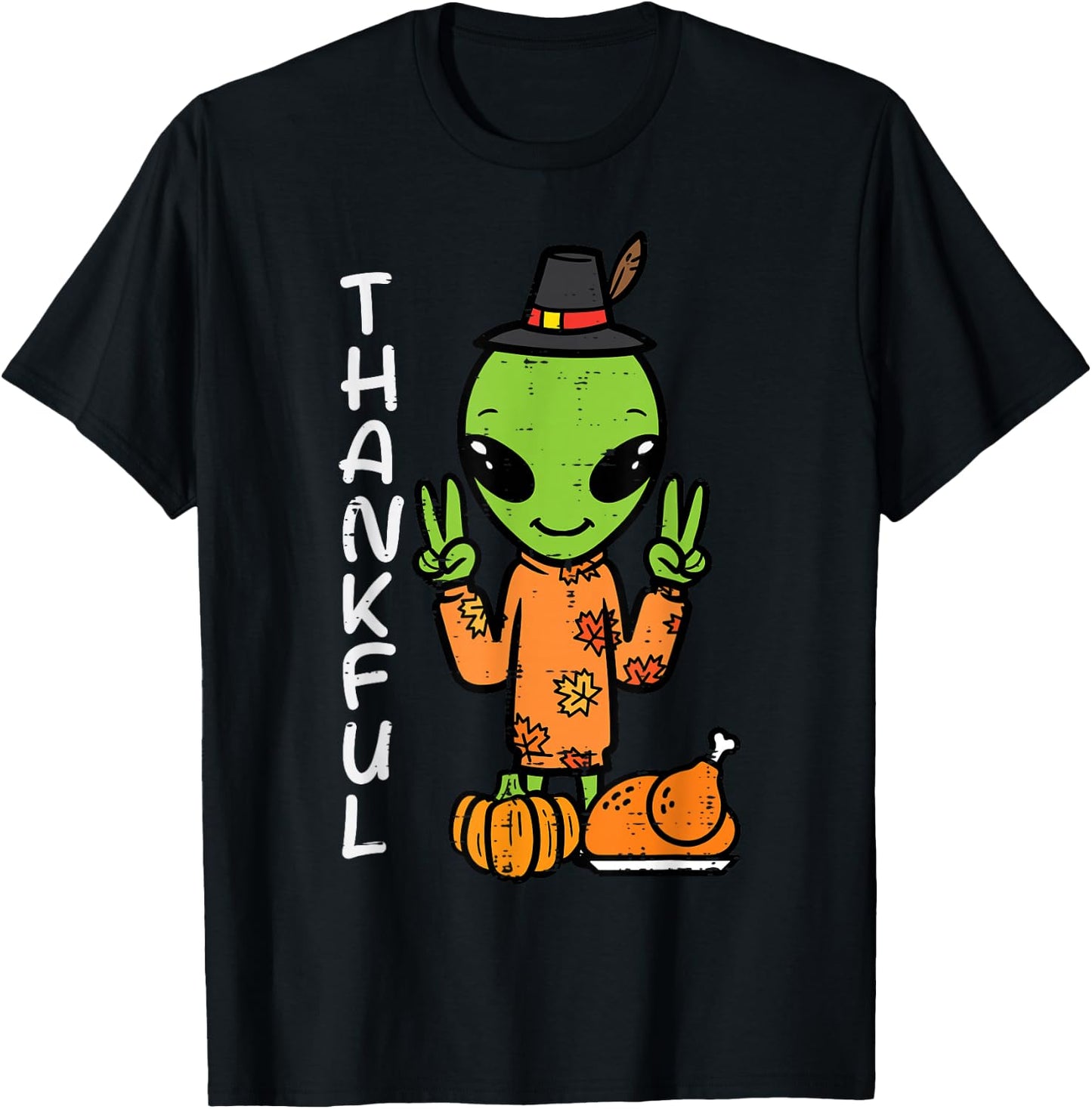 Thanksgiving Alien Peace Thankful Fall Space Kids Men Women T-Shirt - T-Shirt | Black