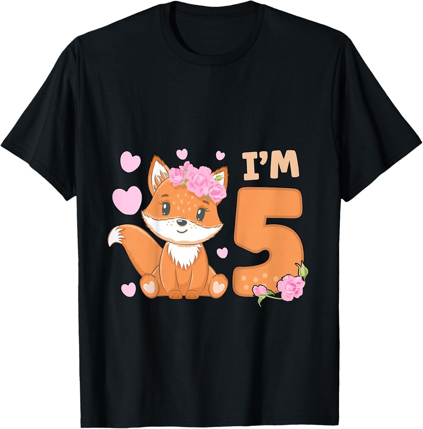 5th Fox Birthday Party Five Year Old Girl Fox Birthday T-Shirt - T-Shirt | Black