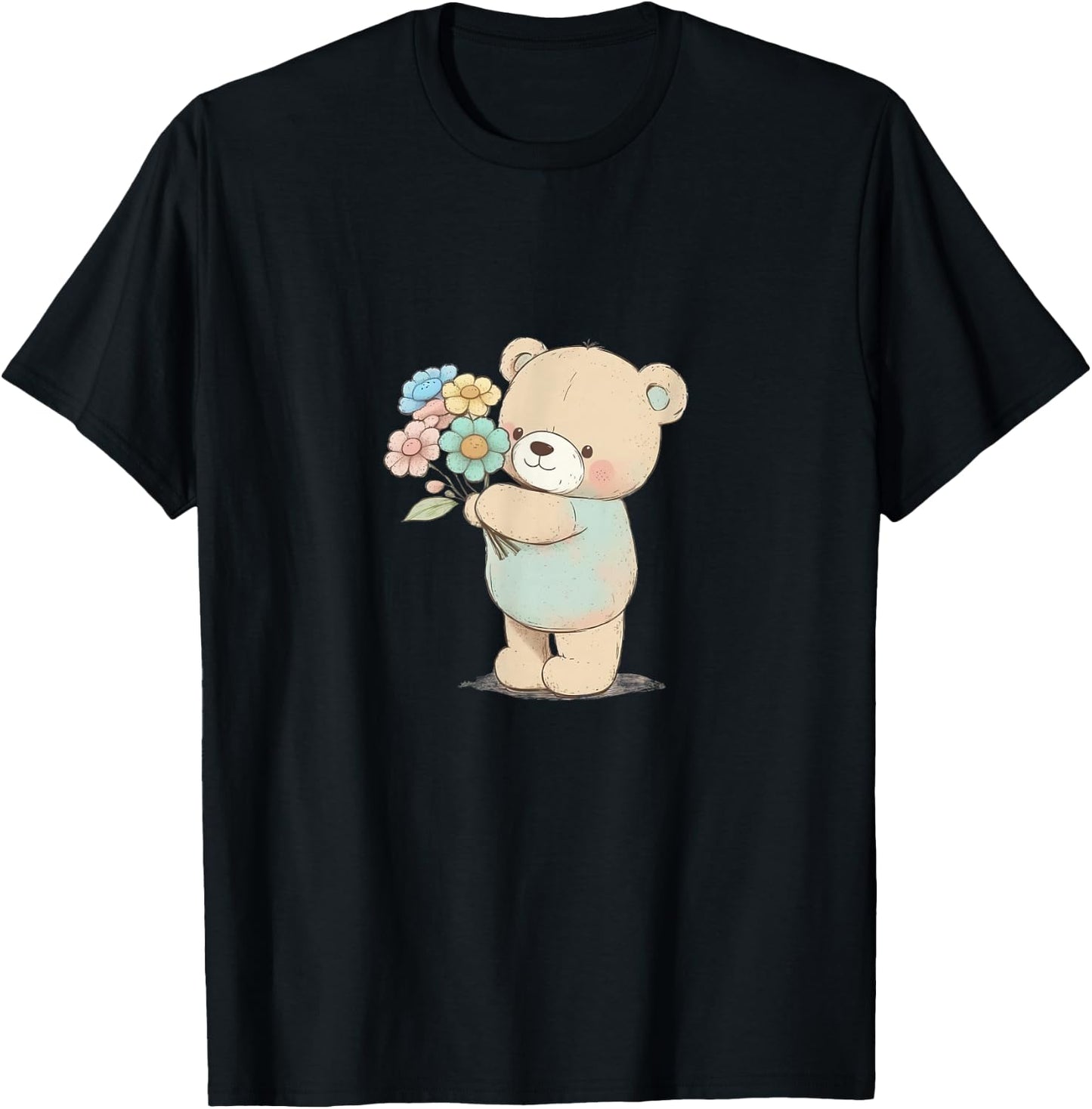 Cartoon Bear with Flowers T-Shirt - T-Shirt | Black