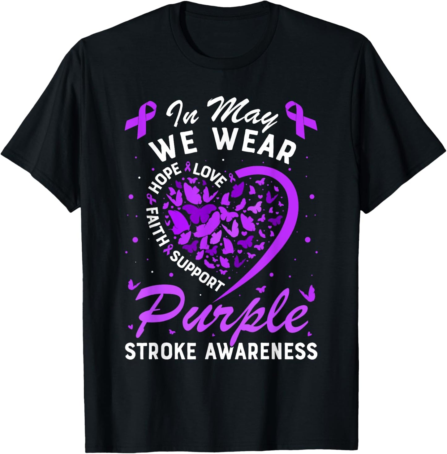 In May We Wear Purple Ribbon Stroke Awareness Butterfly T-Shirt - T-Shirt | Black
