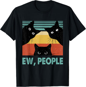 Ew People Funny Black Cat Retro Introvert Cat Lovers Men Women T-Shirt - T-Shirt | Black