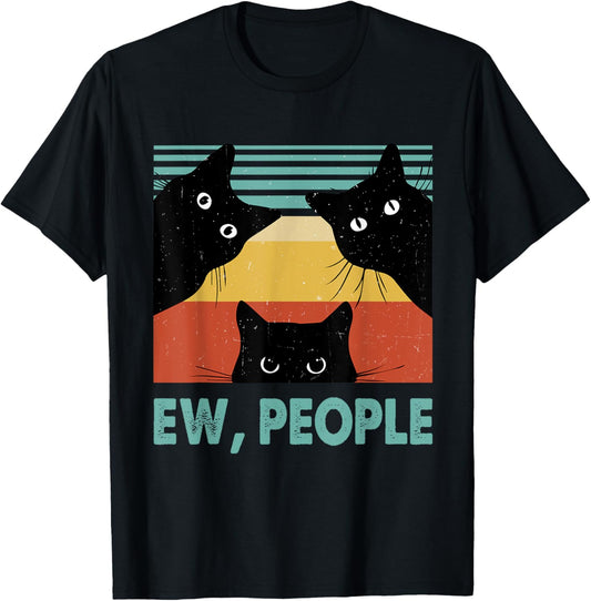Ew People Funny Black Cat Retro Introvert Cat Lovers Men Women T-Shirt - T-Shirt | Black