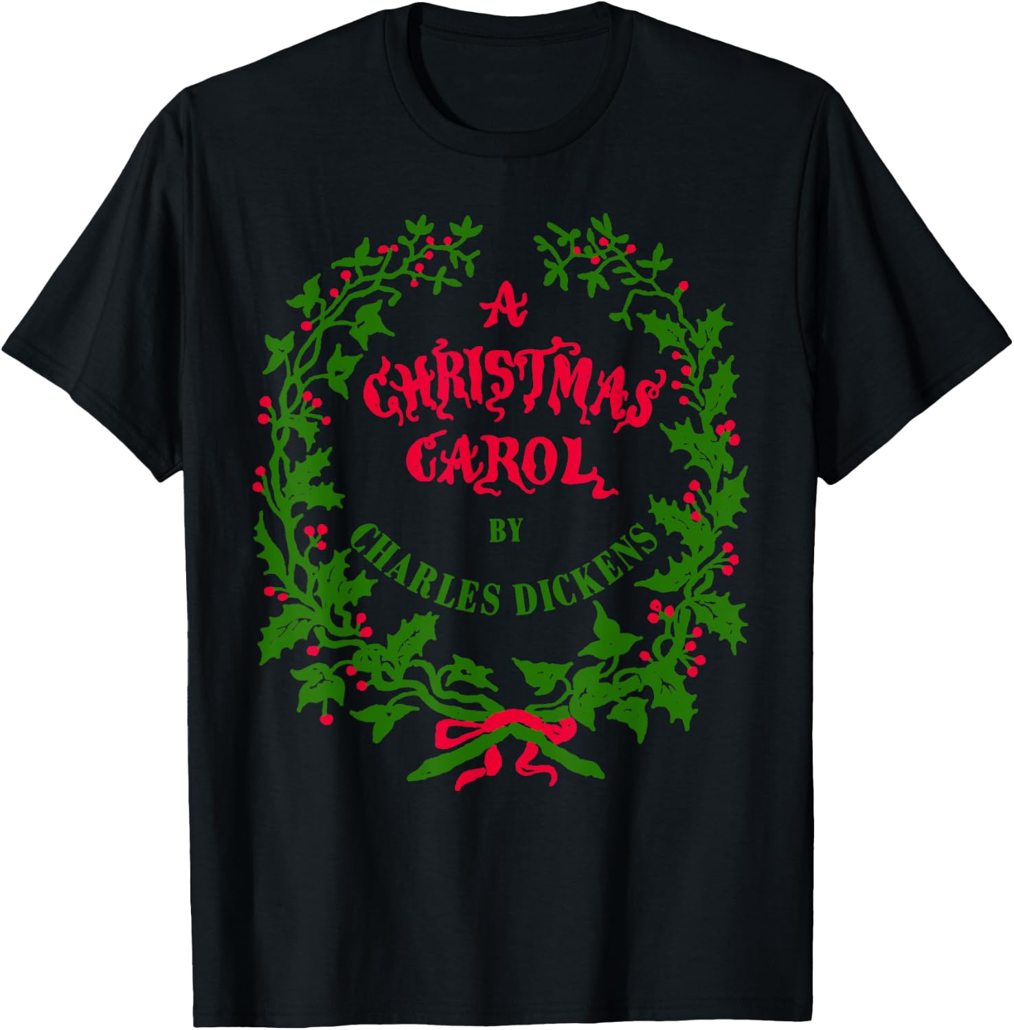 Vintage Mistletoe Wreath A Christmas Carol Art T-Shirt - T-Shirt | Black