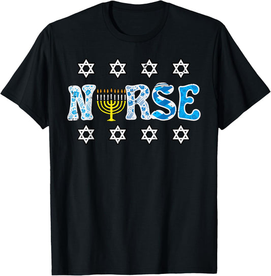 Hanukkah Nurse Chanukah Scrub Top Jewish RN ER ICU Women Men T-Shirt - T-Shirt | Black