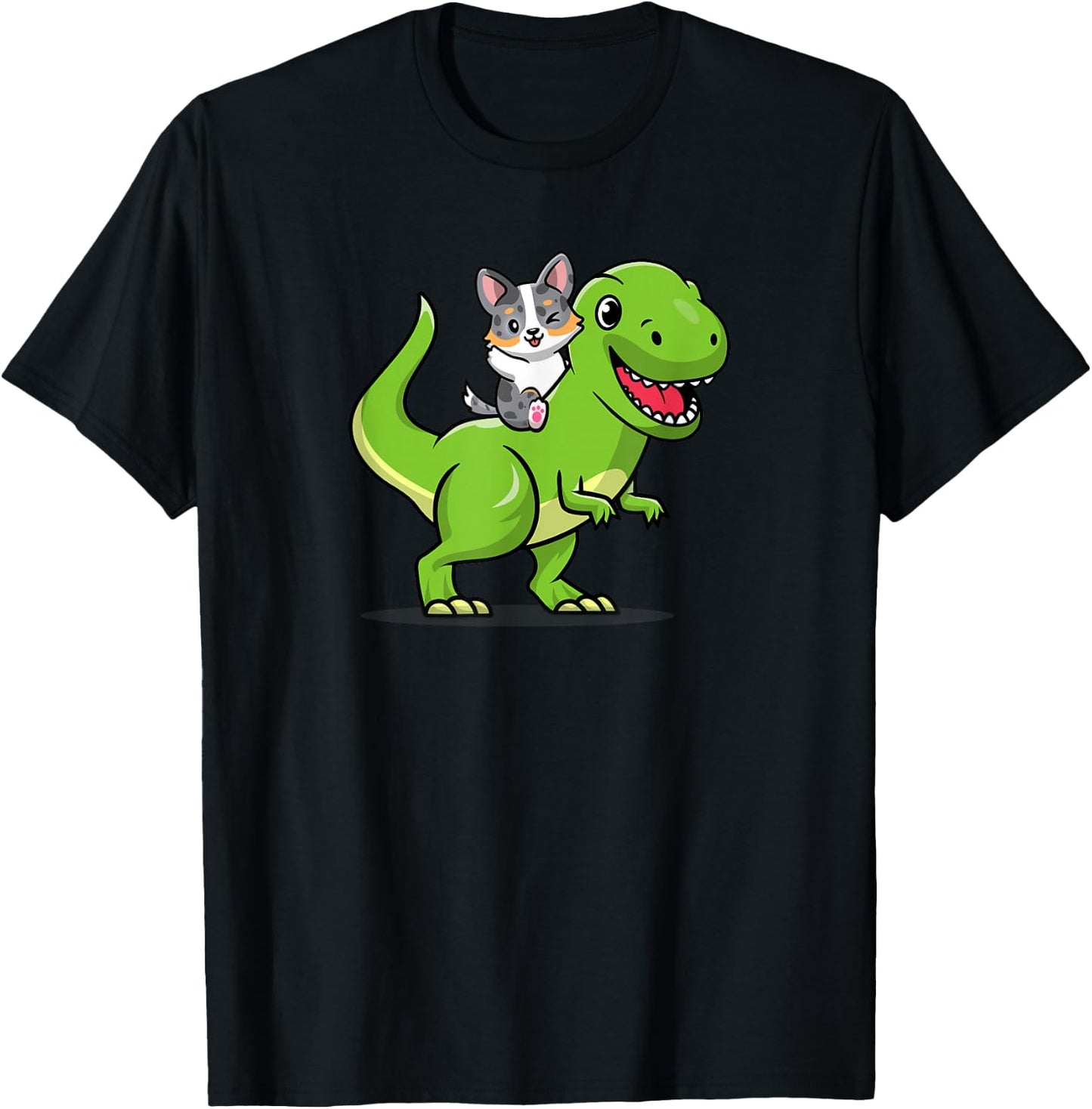 Funny Kawaii Kids Dino Dinosaur Blue Merle Corgi Lover T-Shirt - T-Shirt | Black