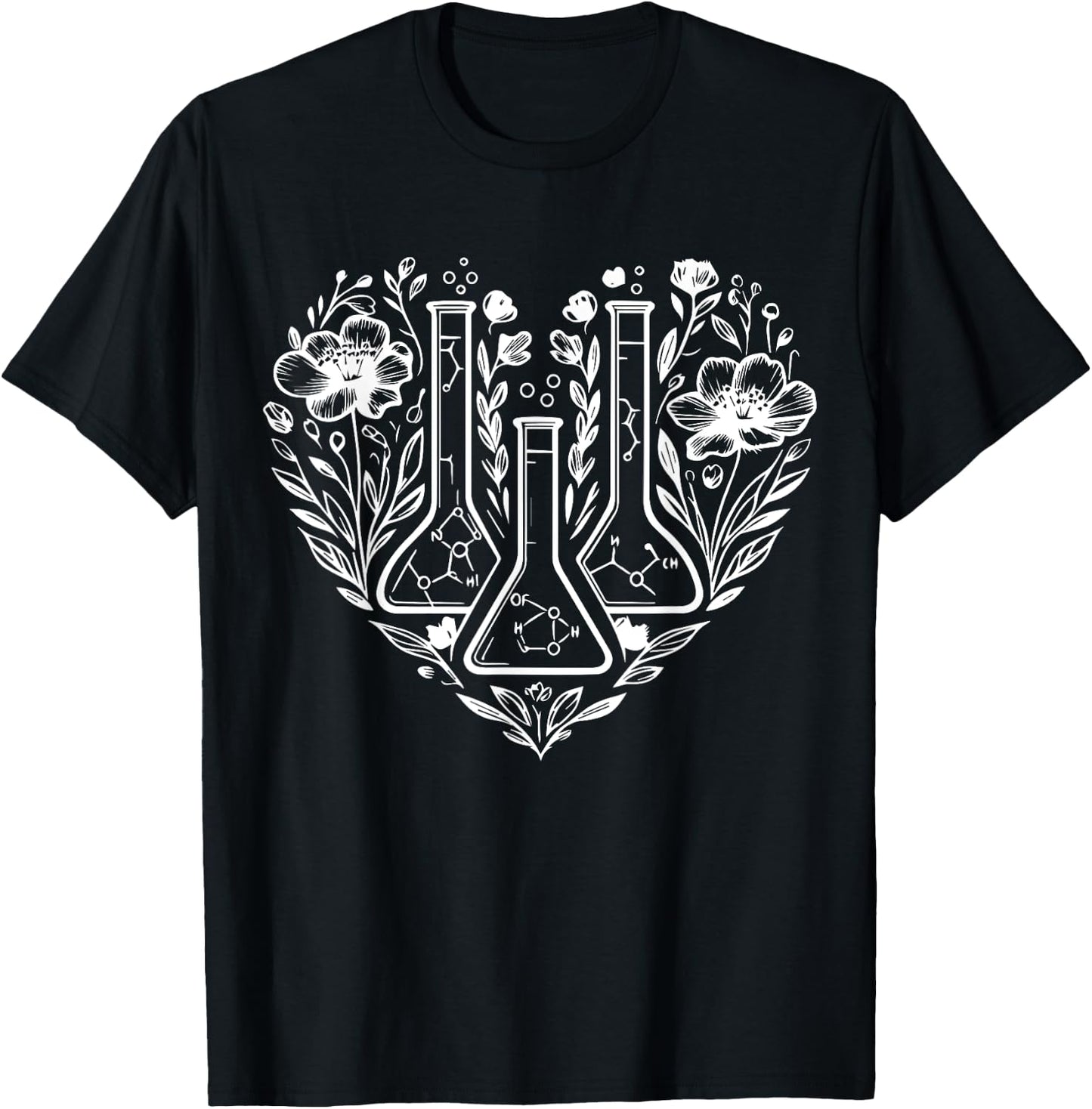 Retro Laboratory Floral Beakers Heart Chemistry Scientist T-Shirt - T-Shirt | Black