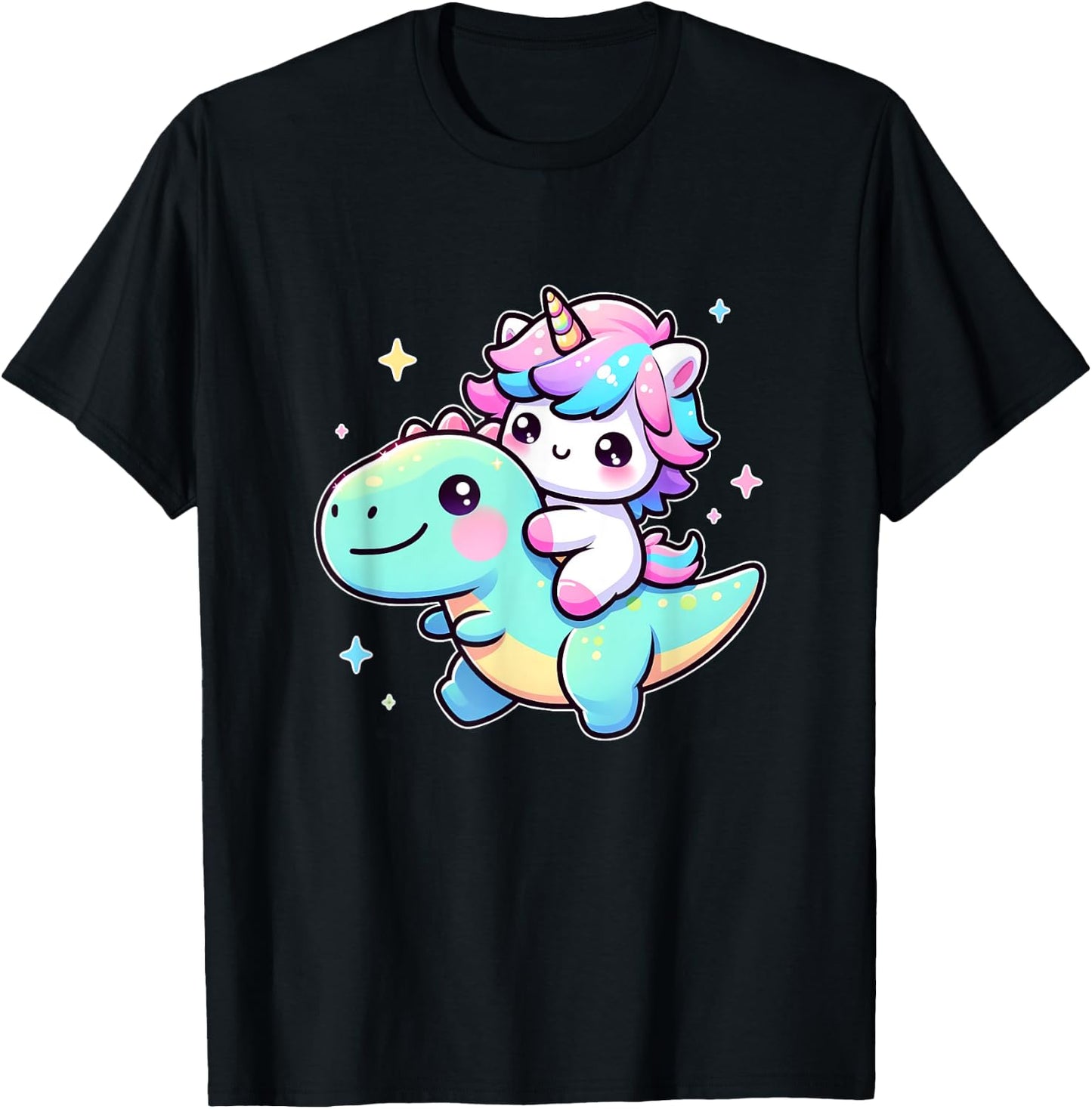 Adorable Kawaii Unicorn Rides Dinosaur T-Shirt - T-Shirt | Black
