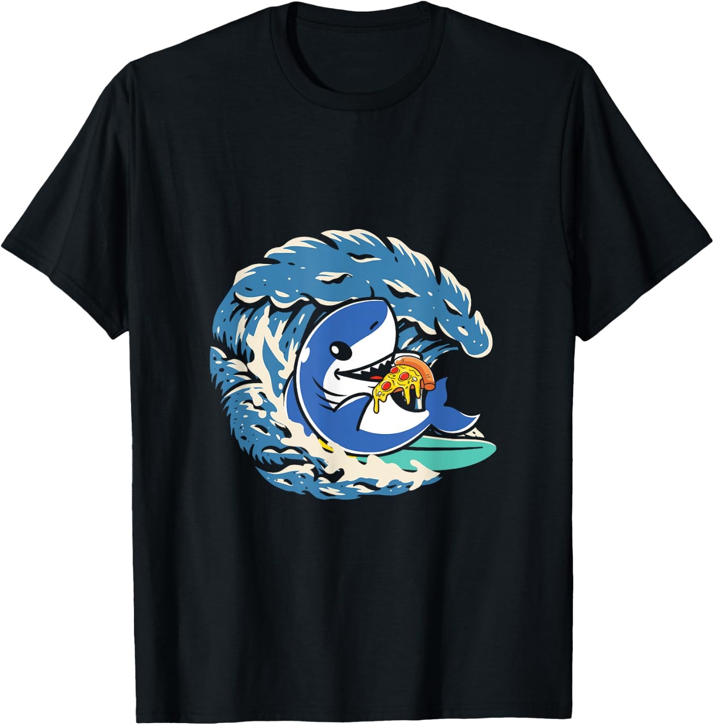 Surfing Shark Eating Pepperoni Pizza T-Shirt - T-Shirt | Black