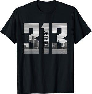 Vintage Detroit Michigan 313 Area Code Skyline T-Shirt - T-Shirt | Black