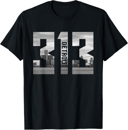 Vintage Detroit Michigan 313 Area Code Skyline T-Shirt - T-Shirt | Black