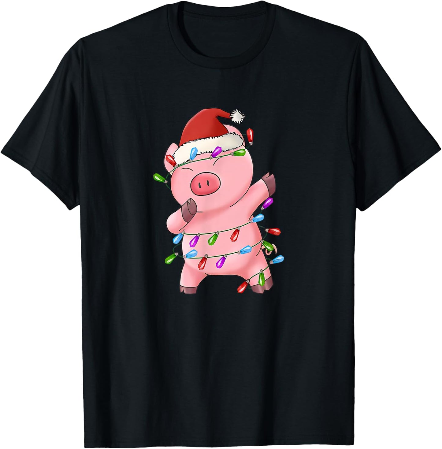 Dabbing Pig Santa Hat Christmas Tree Lights Funny Xmas T-Shirt - T-Shirt | Black
