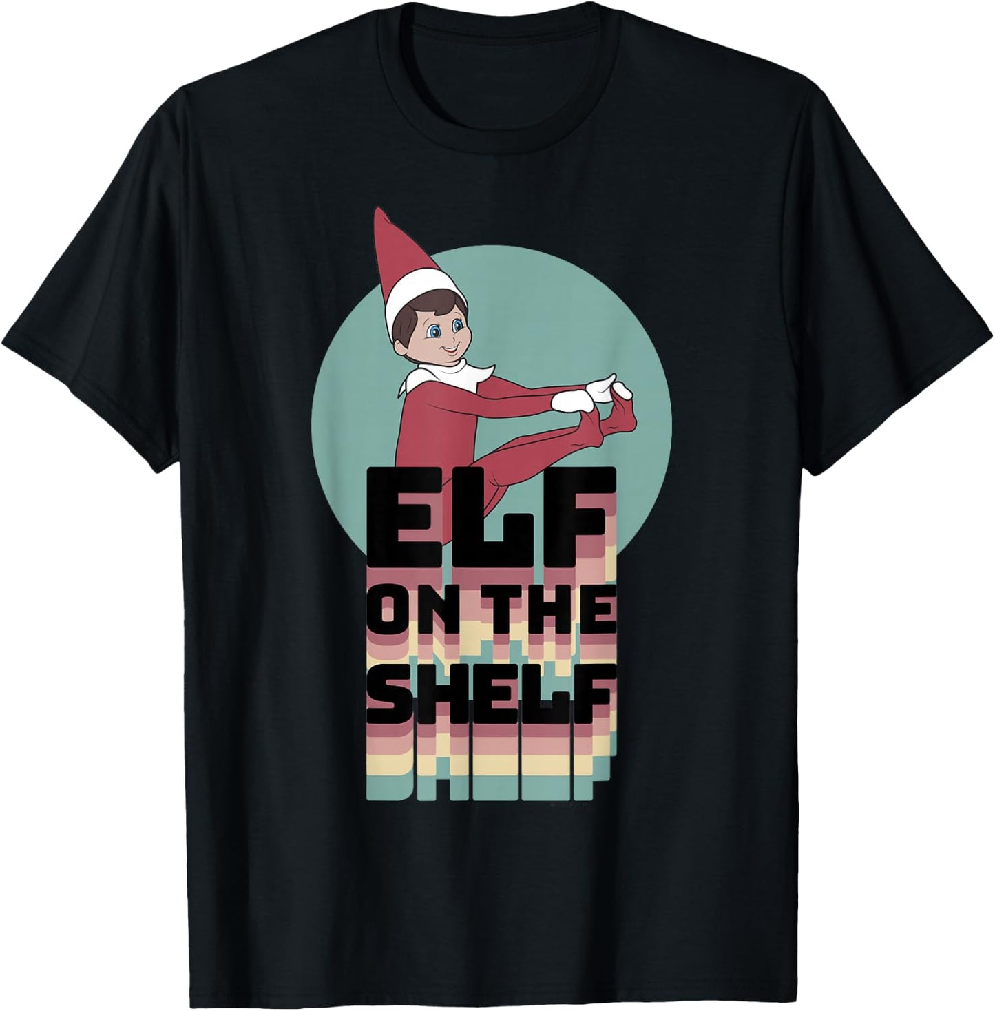 Elf on The Shelf Christmas Retro Rainbow Stacked Text Logo T-Shirt - T-Shirt | Black
