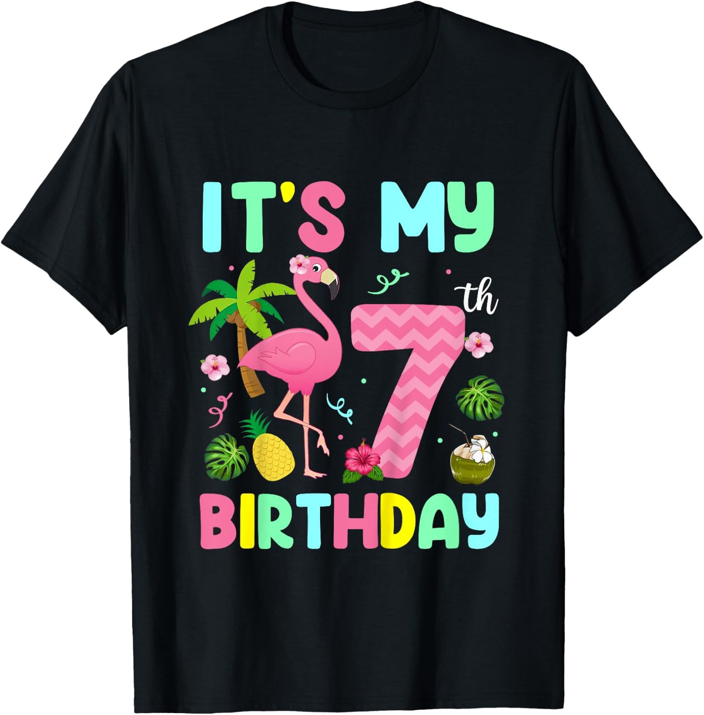 It's My 7th Birthday Flamingo Shirt Hawaii 7 Yrs Old Girl T-Shirt - T-Shirt | Black