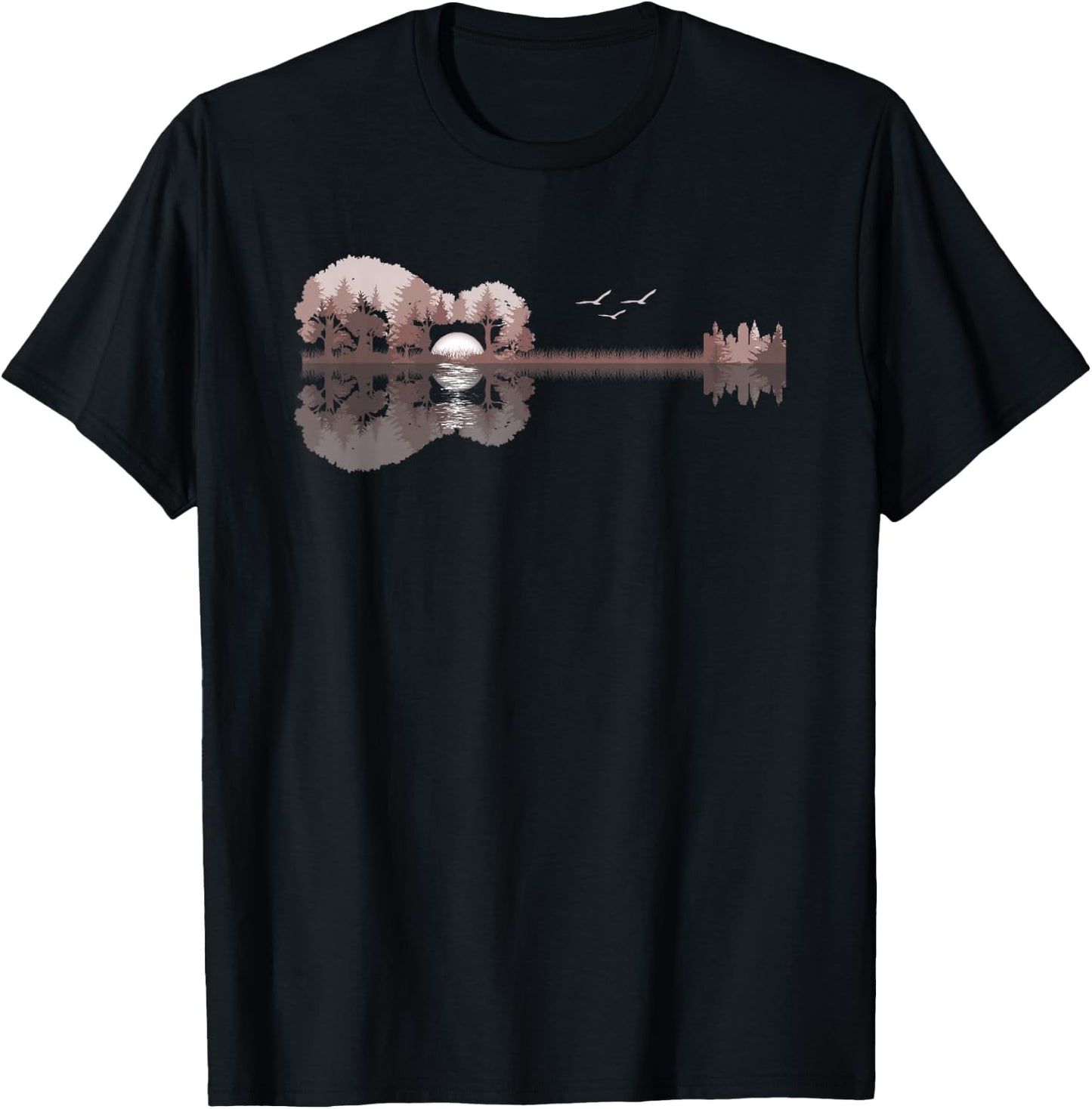 Acoustic Guitar Lake Sunset Guitarist Country Rock Music T-Shirt - T-Shirt | Black