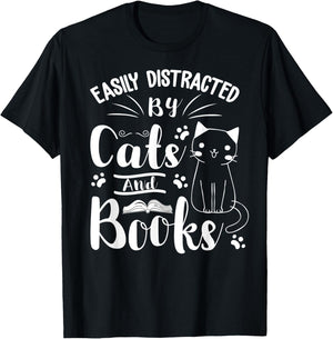 Easily Distracted by Cats and Books For Cat & Book Lover Women Kids T-Shirt - T-Shirt | Black